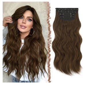 20” Clip in Hair Extensions - 4 PCS Long Wavy Thick Chestnut Brown